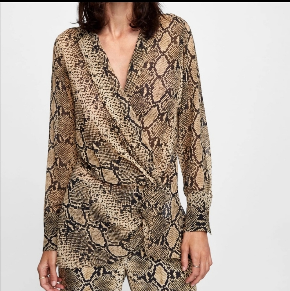 Zara Snake Print Wrap Blouse in Tan and Black